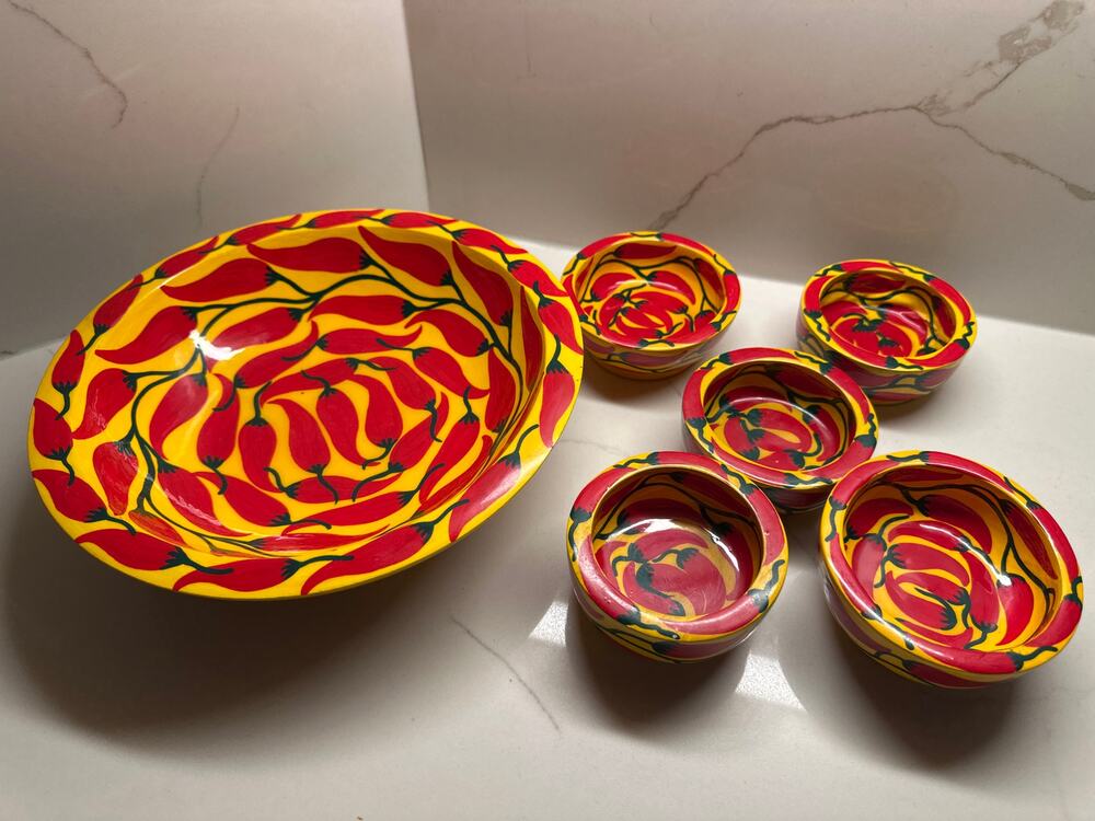 Hand-painted Mexican Pottery Bowls Chili Pepper Design Large Serving Individuals